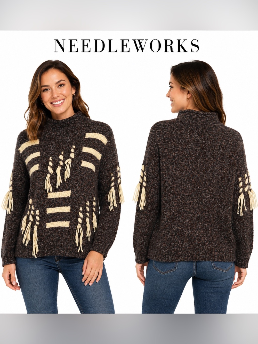 Needleworks Wool Blend Fringe Mock Turtleneck Sweater Medium